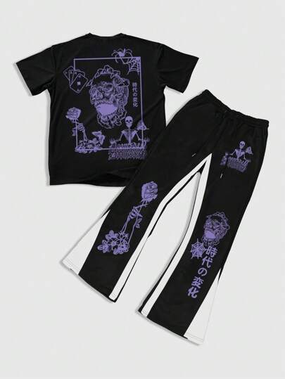 Anime Men's T-Shirt Set: Short Sleeve Top And Pants, Minimalist Fashion Casual Everyday Wear