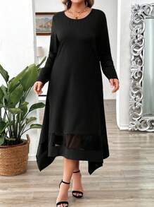 EMERY ROSE Comfortable Knit & Mesh Patchwork Asymmetrical Hem Round Neck Long Sleeve Plus Size Dress - Black - View 3