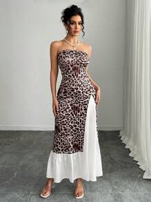 SHEIN LUNE Standard Sized Women Leopard Print Strapless Bodycon Dress With Cinched Waist And Open Slit Hem - Multicolor - View 6
