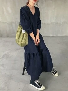 FRIFUL Women Loose Long Denim Dress With Puff Sleeves Ruffle Hem, Spring & Summer,Back To School Clothes - Medium Wash - View 1