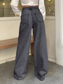 RueChic 100% Cotton HIGH WAIST WIDE LEG VINTAGE  JEAN - Dark Grey - View 2