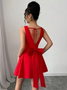 Rafferiza 女士红色蝴蝶结装饰连衣裙，适合返校节、新年冬季 - 紅色 - 查看 6