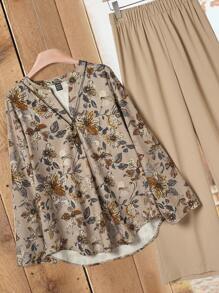 Rusticease Ensemble de 2 pièces pour femmes, Top imprimé fleurs à manches longues et pantalon de couleur unie