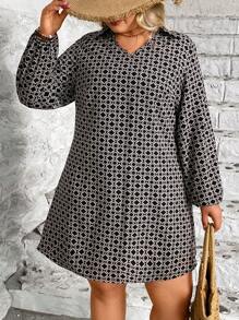 SHEIN CURVE+ Plus Size Casual Random Print Dress, Plus Size - Black and White - View 4