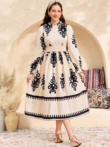 SHEIN Teen Girl Apricot Vacation Black Apricot Pattern Color Block Design, Placement Flower, Stand Collar Waisted Long A-Line Ruffle Puff Sleeve Dress, Casual Beach Holiday, Vacation Dress - Apricot - View 5