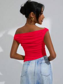 EMERY ROSE Red Solid Ruched Side Asymmetrical Neck Crop Top  - Red - View 2