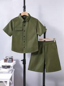 SHEIN Tween Boy 2pcs Set Fashion Casual Y2k Cargo Pocket Design Olive Green Collared Shirt & Shorts For Older Boys Denim Suit For Boy Soft Dailywear And Kids Summer Clothes