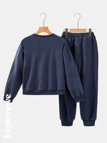 SHEIN 2pcs/Set Tween Girls Casual Round Neck Sweatshirt And Sweatpants Outfit, For Outdoor Wear In Spring And Autumn