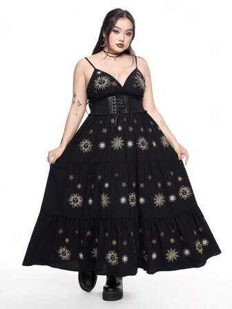 Goth Plus Size Mysterious Bohemian Gothic Star & Moon Embroidered Dress With V-Neck Spaghetti Straps