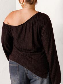 Aralina Curve Asymmetrical Hem Ribbed Long Sleeve Knit Top