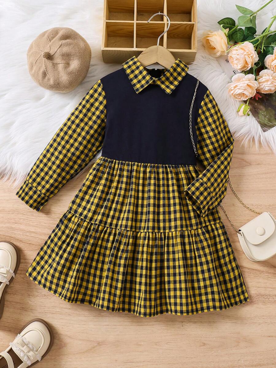 SHEIN 返校女孩年轻女孩休闲优雅经典黑白格子撞色块彼得潘领荷叶边下摆多层裙子连衣裙,适合学校穿着 - 彩色 - 查看 1
