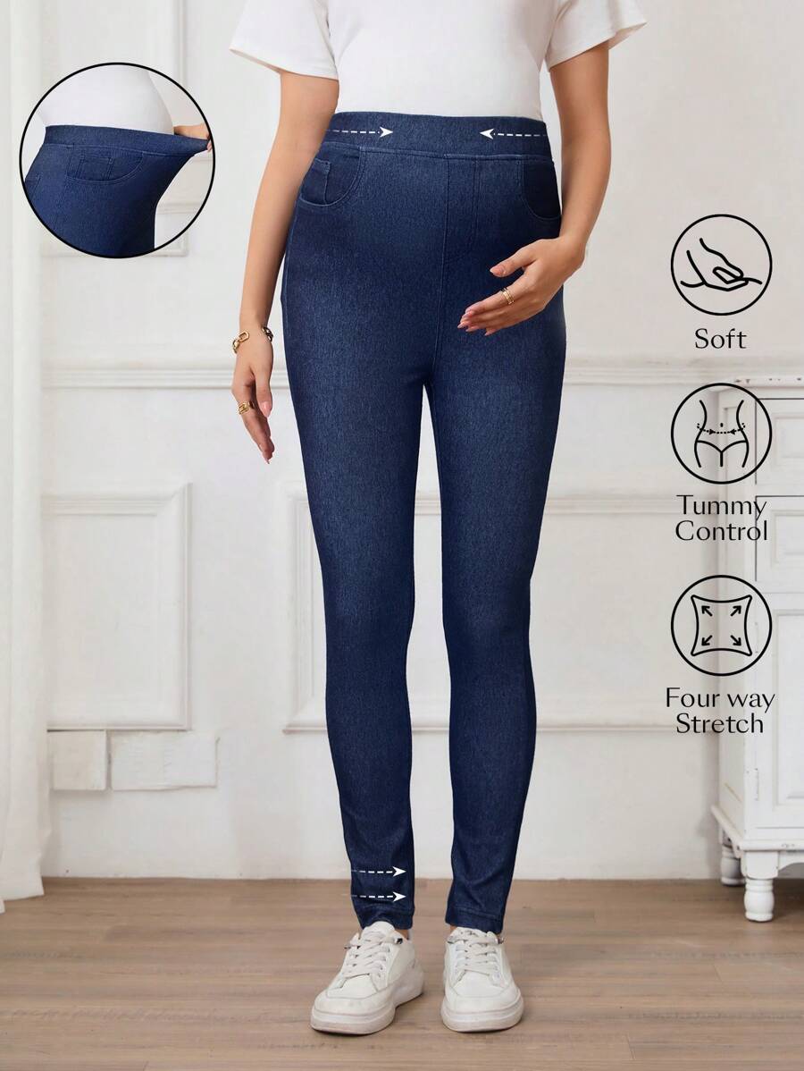 SHEIN Maternity Elastic Waist Pockets Casual Versatile Stretchy Knit Skinny Jeans - Dark Wash - View 1