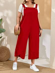 EMERY ROSE 大码女式红色工装裤，带可调节肩带、纽扣开合和开衩裤腿口袋，适合春季穿着 - 紅色 - 查看 5