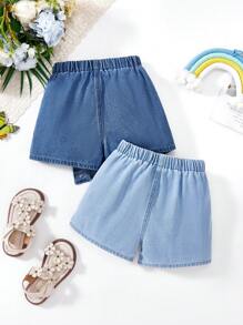 SHEIN 2 件套年轻女孩海军蓝和浅蓝色牛仔短裙短裤，女童春夏休闲度假乡村波西米亚风装，女童复活节沙滩装