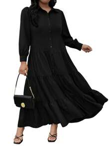 SHEIN Plus Size Ruffle Trim Button Front Shirt Dress Fall Cloth For Women - Black - View 4