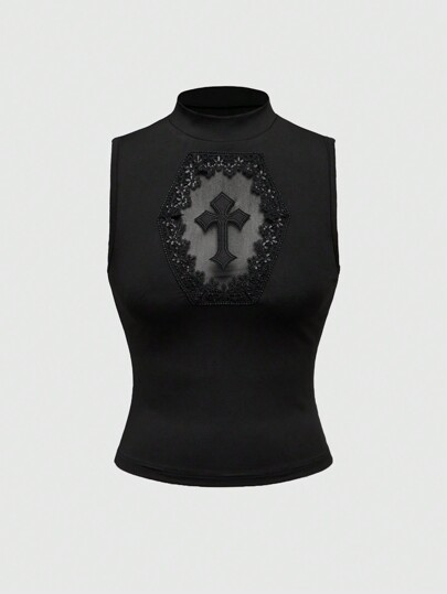 J-Fashion Top de tirantes con cuello cruzado bordado y calado de moda para mujer