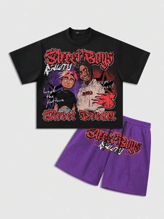 Street Life 1 pieza Conjunto de camiseta holgada acortada con estampado para hombre