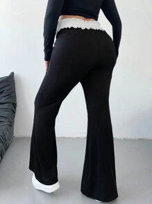 Flirla Plus Size Color Block Waist Paper Bag Flare Leg Pants, Elegant & Slim-Fit