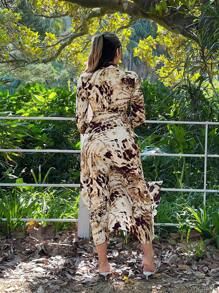SHEIN SXY Early Spring Sexy Shirt Graphic Slit Shirt Dress - Brown - View 2