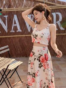 DAZY 1 Set Women Floral Print Crop Tank Top And Skirt,Women Two Piece Sets - Apricot - View 4