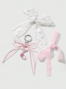 ROMWE Kawaii 3pcs Sweet & Fashionable K-Style Pink Leather Cord Butterfly Wing, Heart & Strawberry Pearl Pendant + 100cm Pink Lace + 50cm White Embroidery Lace Decorative Wrap, DIY Keychain Bag Charm Combo Set, Ideal Gift For Girls & Women - Pink - View 5