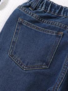 Jeans tipo mom desgarrados y rotos con cintura elástica, look casual de calle estilo bohemio para niña preadolescente, conjunto de moda diaria para chicas