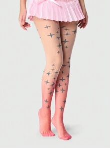 ROMWE Fairycore 1 Pair Women Ombre Pink Gradient Glitter Star Stockings, Sweet And Stylish, All Season