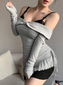 DAZY 2 件套女士灰色拼布细肩带露肩连衣裙，春夏，迷你连衣裙