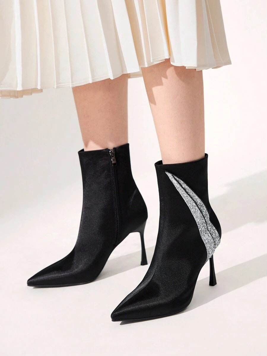 CUCCOO CHICEST Elegant & Stylish Silver Glitter Spliced Black Satin Women Pointed Toe High Heel Ankle Boots For Christmas And New Year Holiday Vibe Fall And Winter Valentines