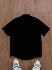 SWAVVY Men's Front Button Short Sleeve Shirt, Minimalist Pattern Design, Casual - Black - View 2