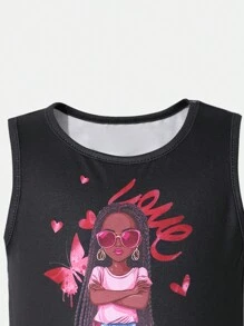 Young Girl Portrait Graphic Round Neck Sleeveless Top & Skirt Set, Casual Everyday Wear - Multicolor - View 5