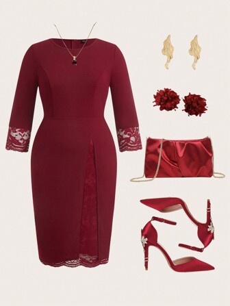 Ellevyn Valentine's Day Elegant Plus Size Women Round Neck 3/4 Sleeve Lace Patchwork Dress