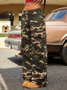 SHEIN ICON Jeans pattes d'éléphant à taille basse lavés motif camouflage pour femmes