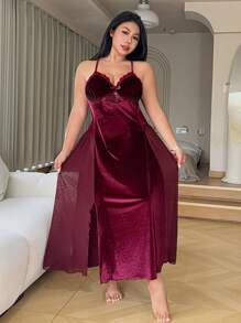 Dazy Petite Plus Bata de seda de terciopelo con abertura lateral de encaje, color rojo vino, atuendo de Año Nuevo chino, primavera/verano