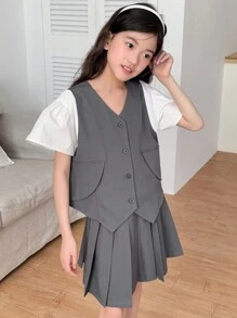 Bộ đồ 2 món giản dị cài nút phía trước dành cho bé gái tuổi teen và chân váy mini, trang phục mùa hè cho bé gái, quần áo trở lại trường - Xám - Xem 7