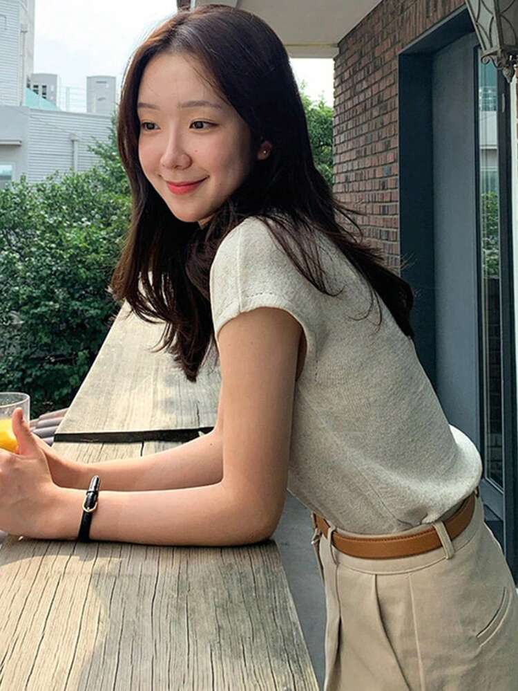 Women Solid Color Cap Sleeve Collar Form-Fitting Knit Top, Apricot Color, Spring/Summer Linen