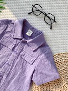 SHEIN Leap Crew 2pcs/Set Baby Boy Summer Cute Casual Purple Short Sleeve Shirt & Shorts Set, Suitable For Birthday Party, Evening Party, Performance, Wedding, Baby Shower, And 1st Birthday Celebration - Multicolor - View 3