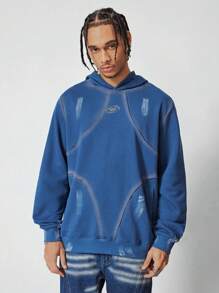ROMWE MEN Street Life Men's Long Sleeve Printed Minimalist Hoodie, Casual Daily Wear - Blue - View 7