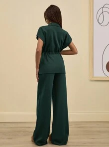 SHEIN Tall 2 Pcs Button Detail Sweater Pant+ Belted Sweater - Dark Green - View 2
