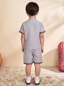 2pcs/Set Young Boy Striped Tape Trim Short Sleeve Top And Shorts Set - White - View 2