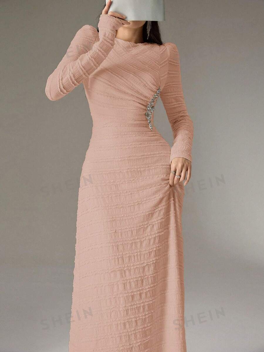 Modelyn Vestido largo de estilo árabe con cuello redondo, manga larga y decoración de cristales, de unicolor para mujer