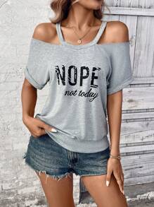 SHEIN LUNE Women's Fashion Letter Print Batwing Sleeve V-Neck Batwing Sleeve Loose Casual Sweatshirt Pullover Fall Sweatshirt - Light Grey - View 4