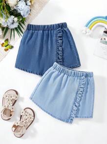 SHEIN 2 件套年轻女孩海军蓝和浅蓝色牛仔短裙短裤，女童春夏休闲度假乡村波西米亚风装，女童复活节沙滩装