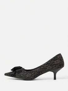 CUCCOO HITCHD 时尚优雅黑色蕾丝花朵尖头高跟鞋，适合新年、情人节、新娘、婚礼派对、约会、节日、庆典 - 黑色 - 查看 5