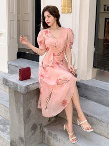 DAZY V-Neck Floral Print Puff Sleeve Pleated Ruffle Hem Mid-Length Dress For Women Sundress,Casual Women Dresses Easter - Pink - View 7
