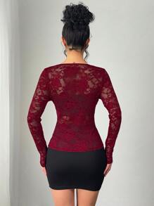 Firerie Women's Elegant & Sexy See-Through Lace Fitted Blouse - Burgundy - View 2