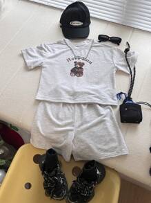 DAZY Set de 2 piezas de Top de manga corta y pantalones cortos con estampado de oso, uso diario casual y minimalista para niño