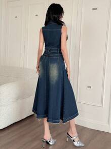 DAZY 女士牛仔无袖衬衫裙搭配翻领太阳裙 - 中等水洗藍 - 查看 2