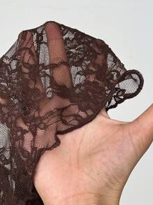 SHEIN PETITE 女士花卉蕾丝长袖透视性感衬衫（随机剪裁） - 巧克力棕 - 查看 6