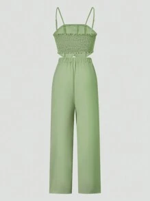 SHEIN 2pcs Teen Girl Simple Solid Color Camisole Top And Trousers Set, Casual Everyday Fashion - Green - View 2